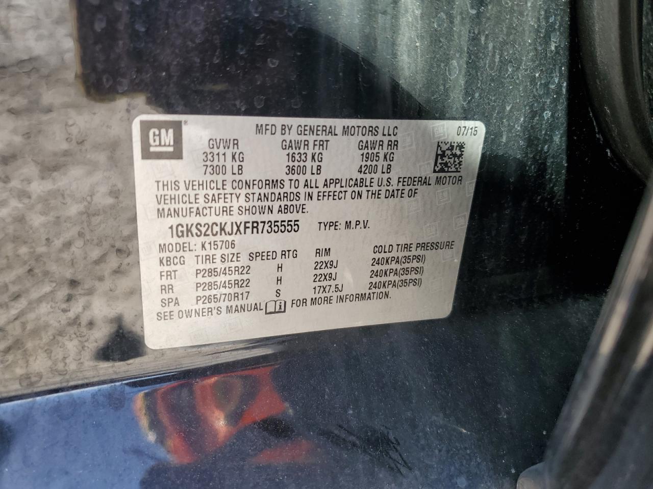 2015 GMC Yukon Denali VIN: 1GKS2CKJXFR735555 Lot: 42969385