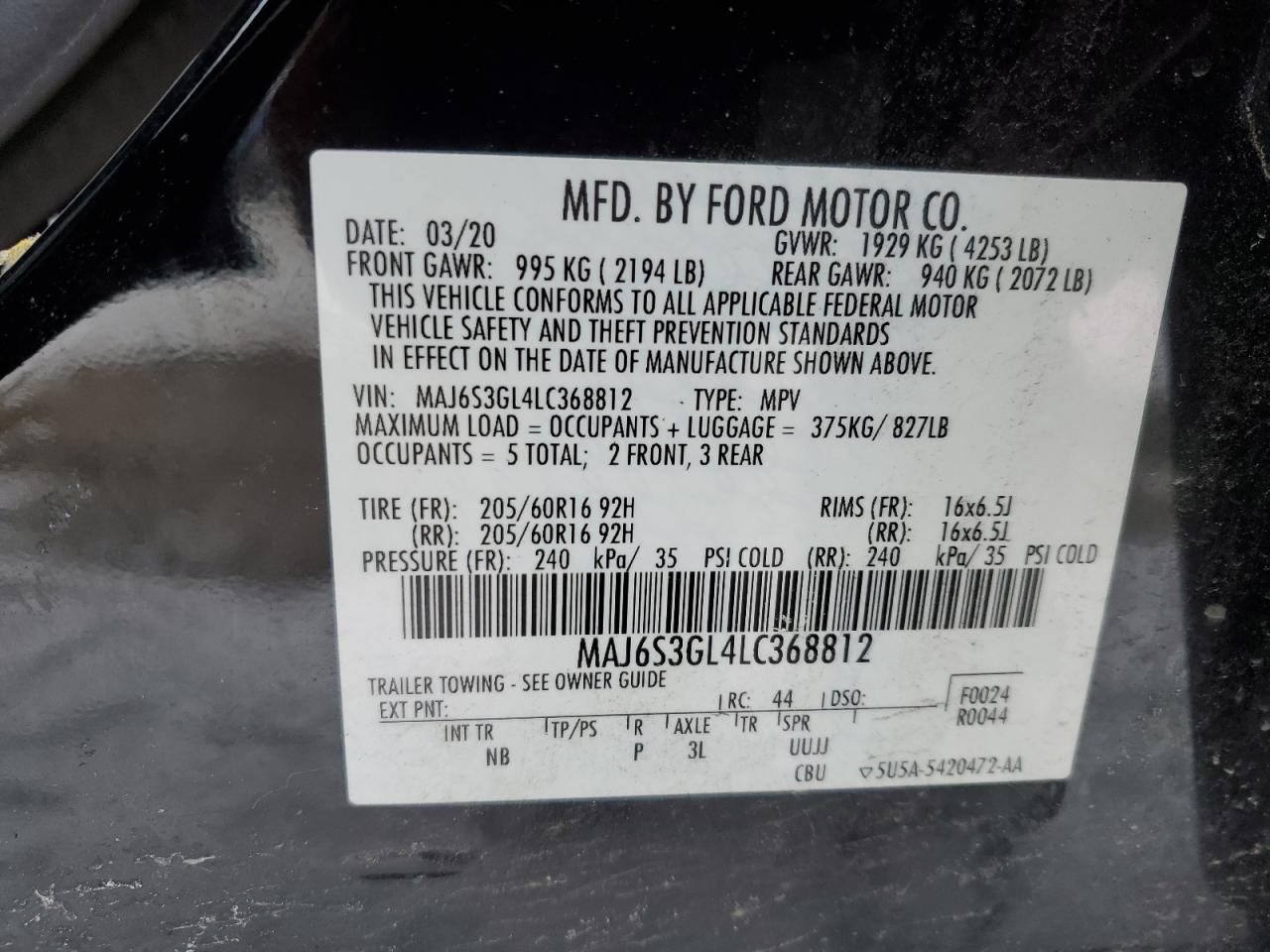 2020 Ford Ecosport Se VIN: MAJ6S3GL4LC368812 Lot: 87656545