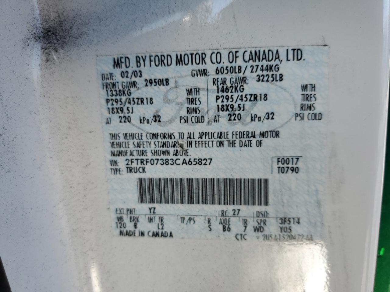 2003 Ford F150 Svt Lightning VIN: 2FTRF07383CA65827 Lot: 42960515