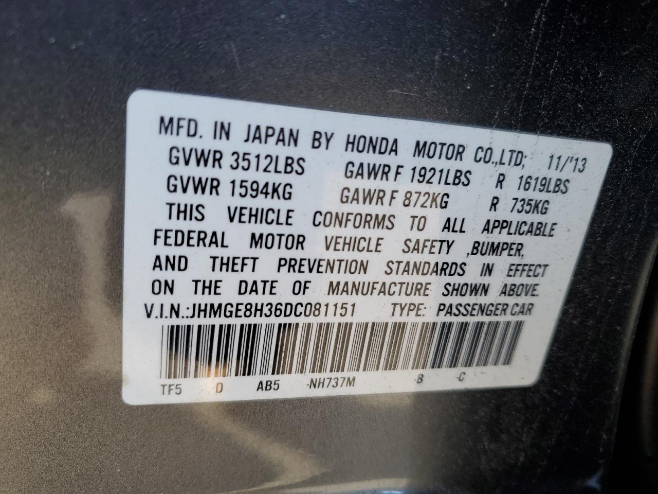 VIN JHMGE8H36DC081151 2013 HONDA FIT no.12