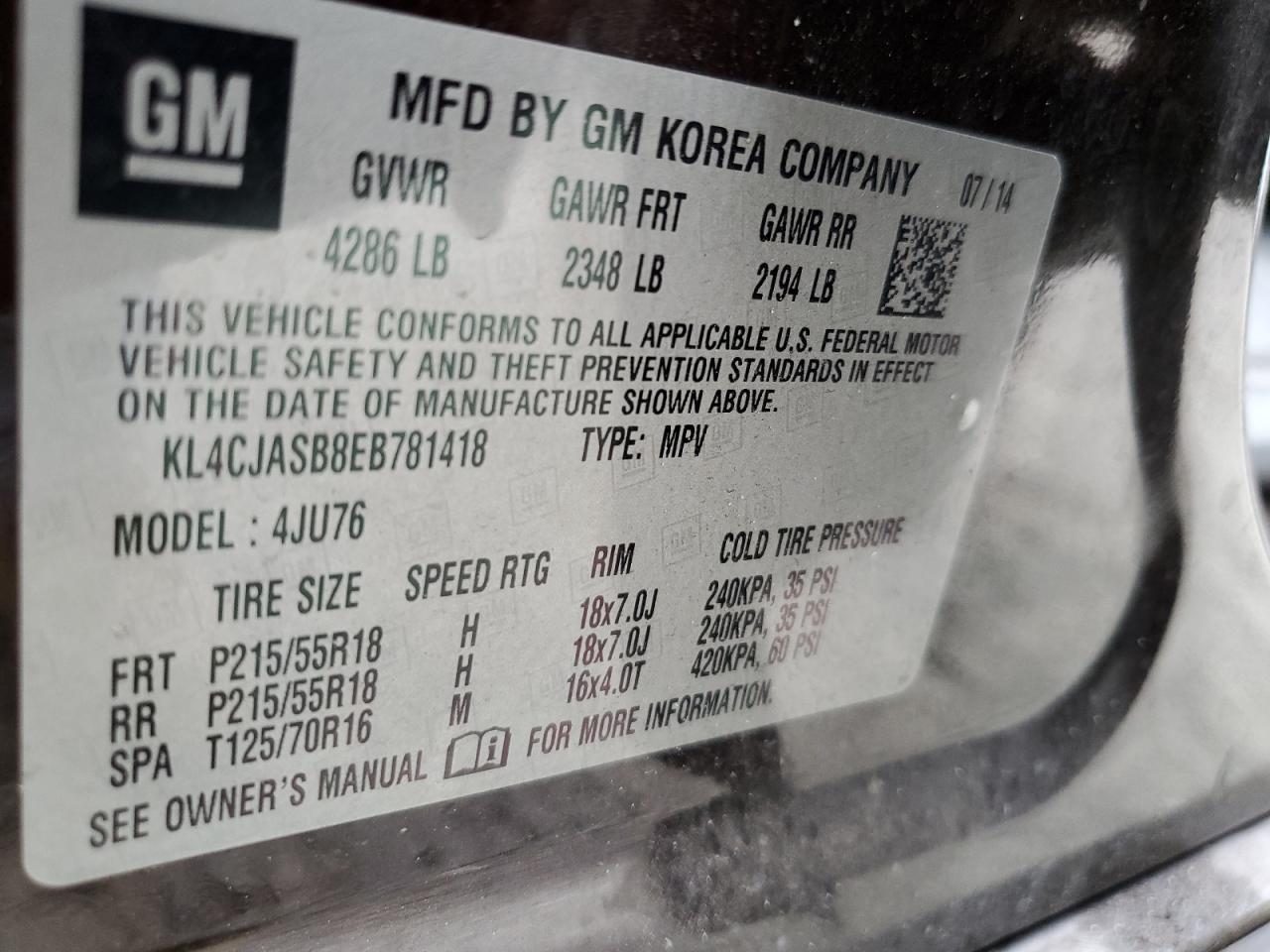 2014 Buick Encore VIN: KL4CJASB8EB781418 Lot: 88337705