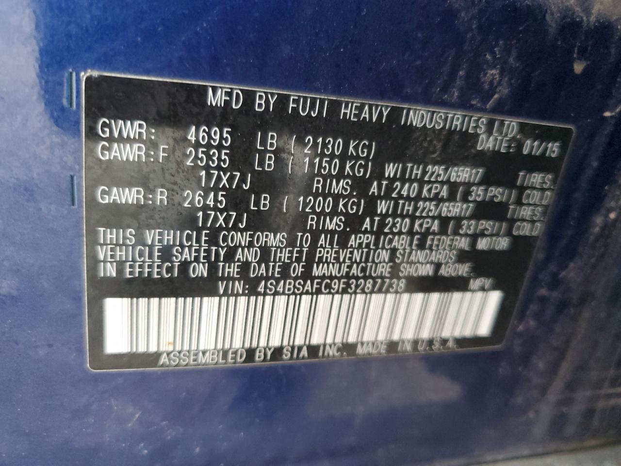 2015 Subaru Outback 2.5I Premium VIN: 4S4BSAFC9F3287738 Lot: 87482834