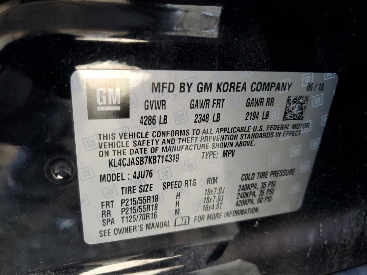 2019 Buick Encore Preferred VIN: KL4CJASB7KB714319 Lot: 42766195