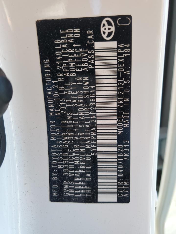 5YFEPMAE2NP286644 TOYOTA COROLLA 2022