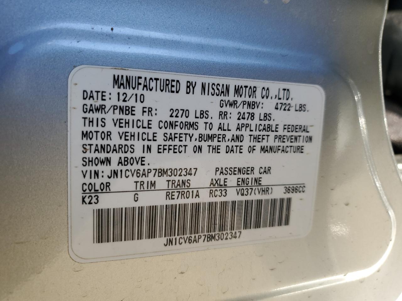2011 Infiniti G37 Base VIN: JN1CV6AP7BM302347 Lot: 89096565
