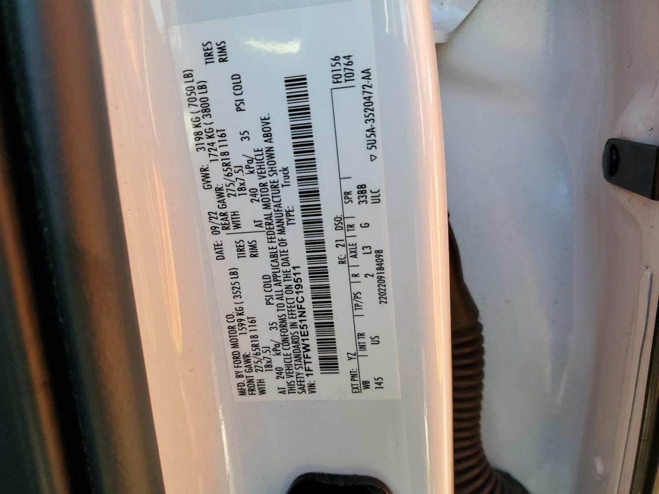 2022 Ford F150 Supercrew VIN: 1FTFW1E51NFC19511 Lot: 86801694