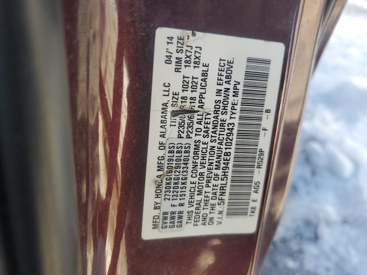 VIN 5FNRL5H94EB102943 2014 HONDA ODYSSEY no.13