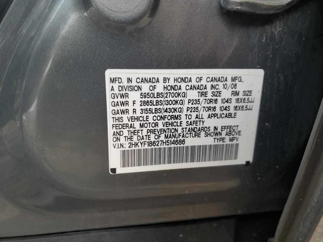 2007 Honda Pilot Exl VIN: 2HKYF18627H514686 Lot: 89378505