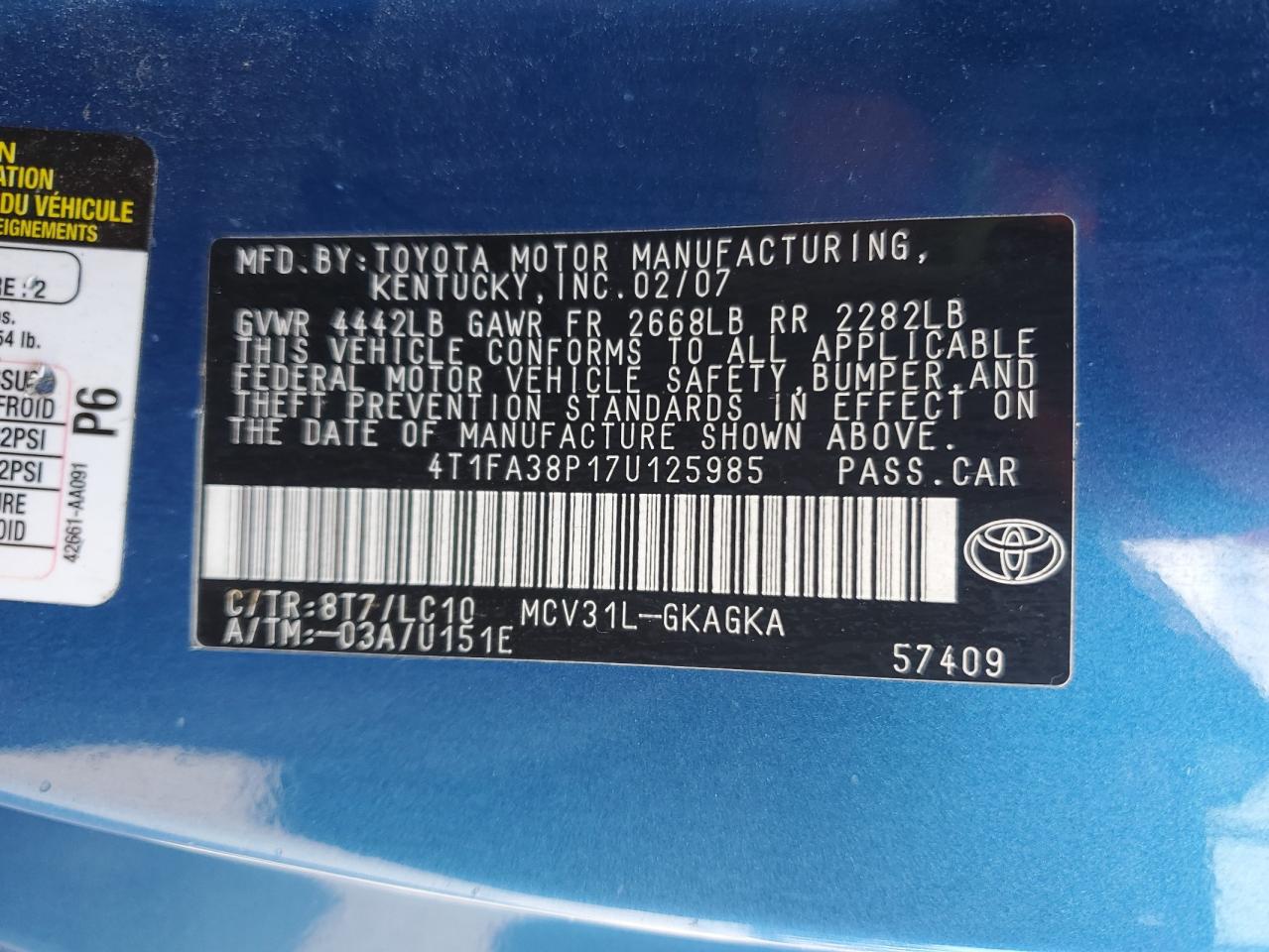 2007 Toyota Camry Solara Se VIN: 4T1FA38P17U125985 Lot: 41501295