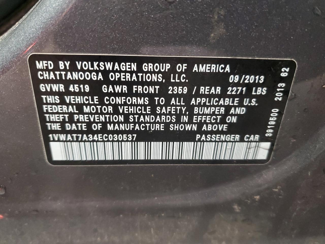 2014 Volkswagen Passat S VIN: 1VWAT7A34EC030537 Lot: 88776855