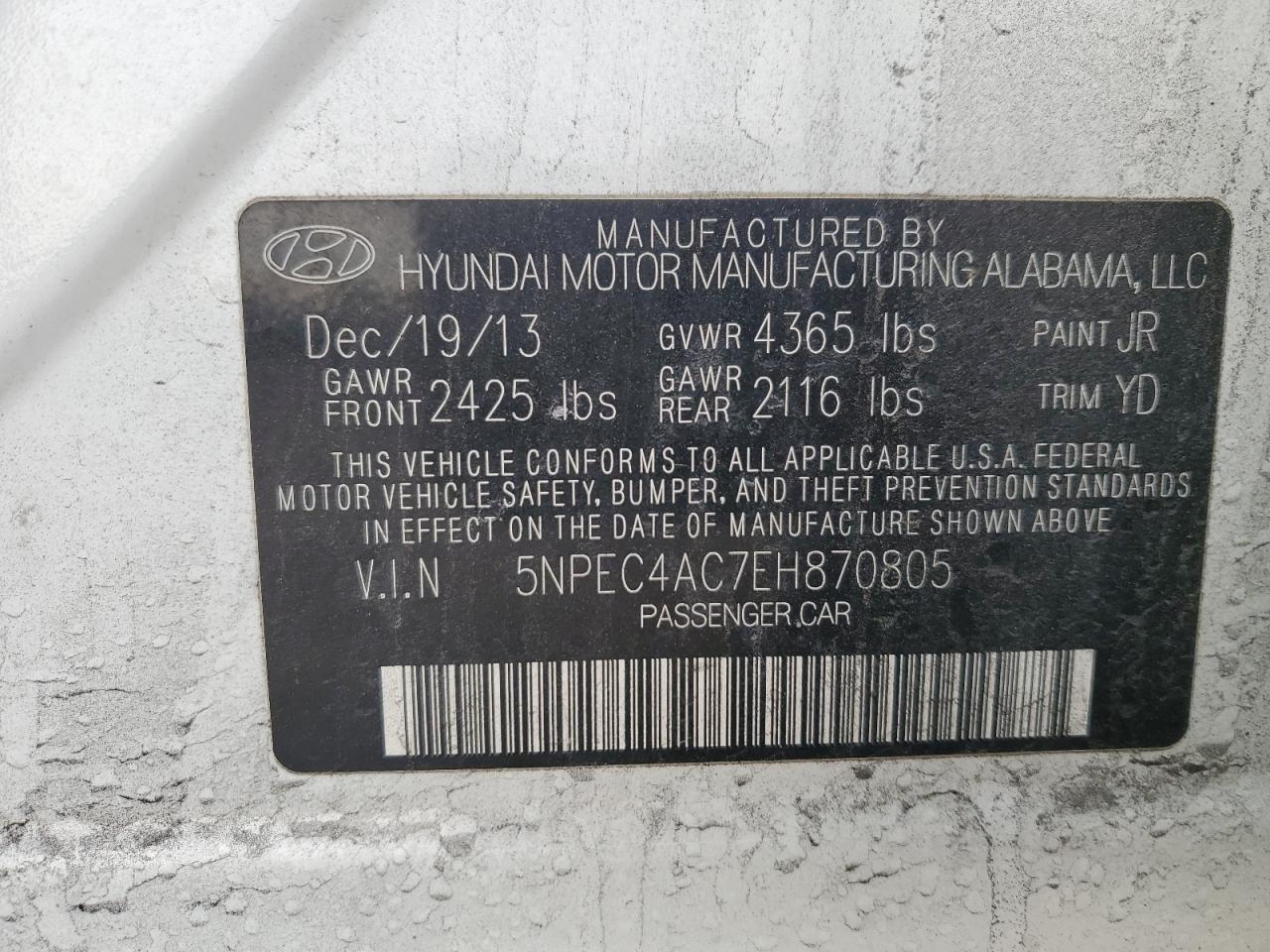 VIN 5NPEC4AC7EH870805 2014 HYUNDAI SONATA no.12