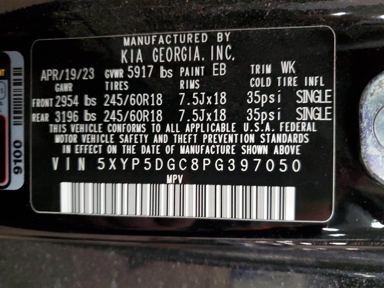 2023 Kia Telluride Sx VIN: 5XYP5DGC8PG397050 Lot: 87598145