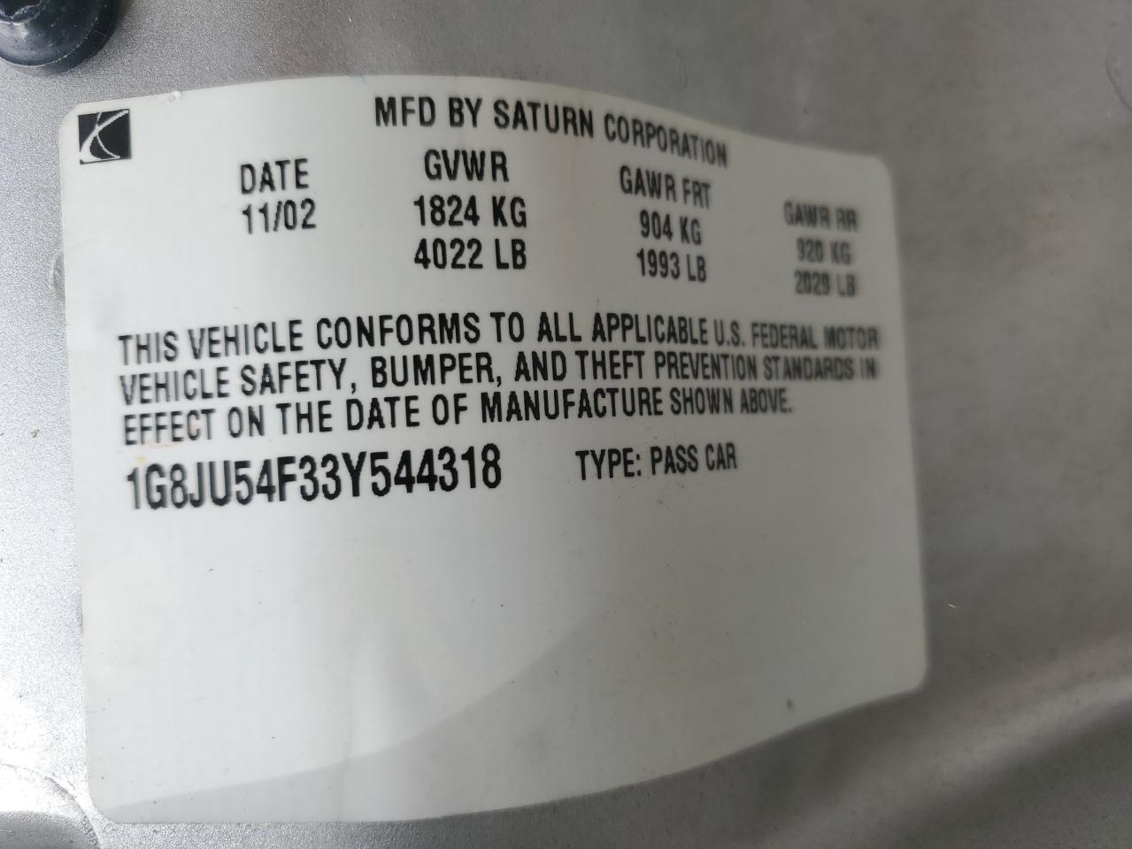 2003 Saturn L200 VIN: 1G8JU54F33Y544318 Lot: 87835145