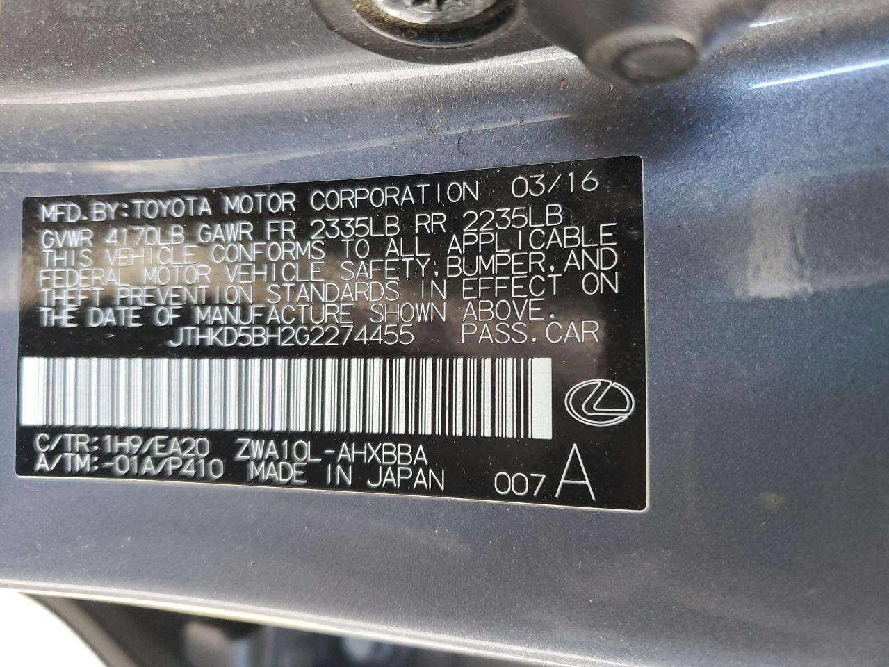 VIN JTHKD5BH2G2274455 2016 LEXUS CT 200 no.12