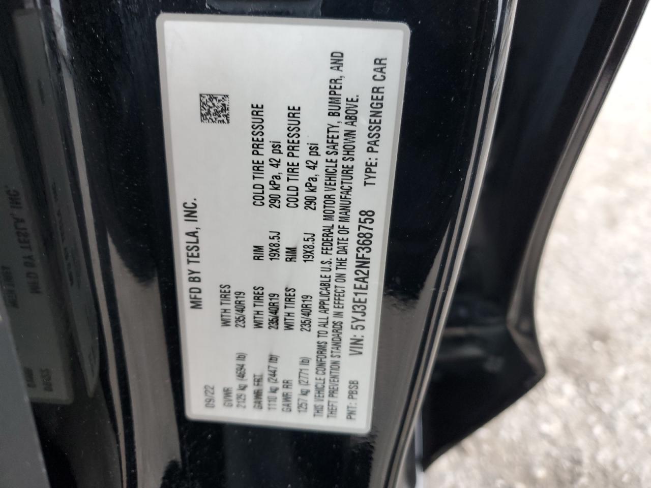 VIN 5YJ3E1EA2NF368758 2022 TESLA MODEL 3 no.13