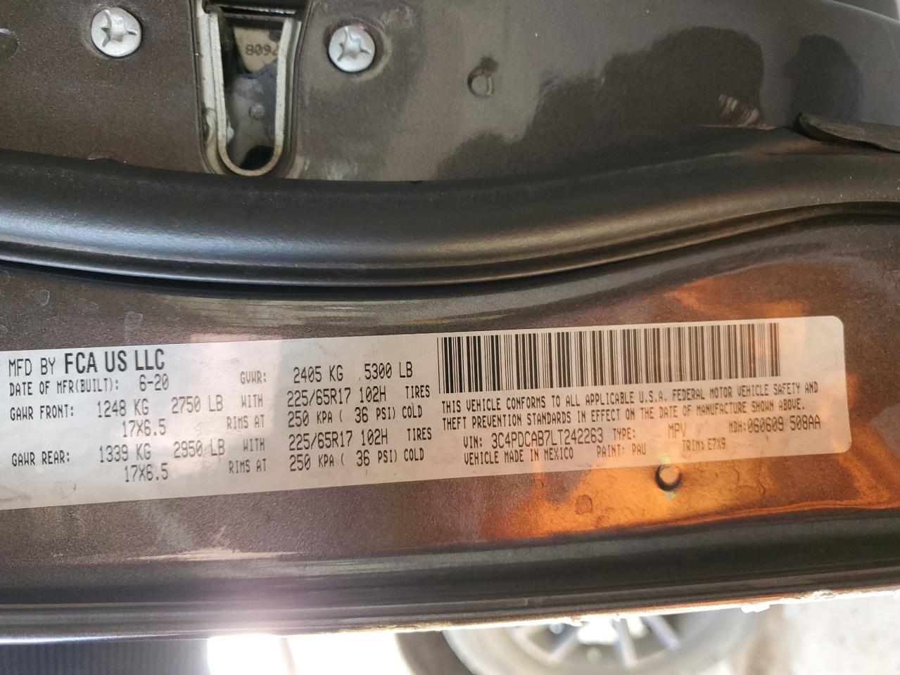 2020 Dodge Journey Se VIN: 3C4PDCAB7LT242263 Lot: 53120025