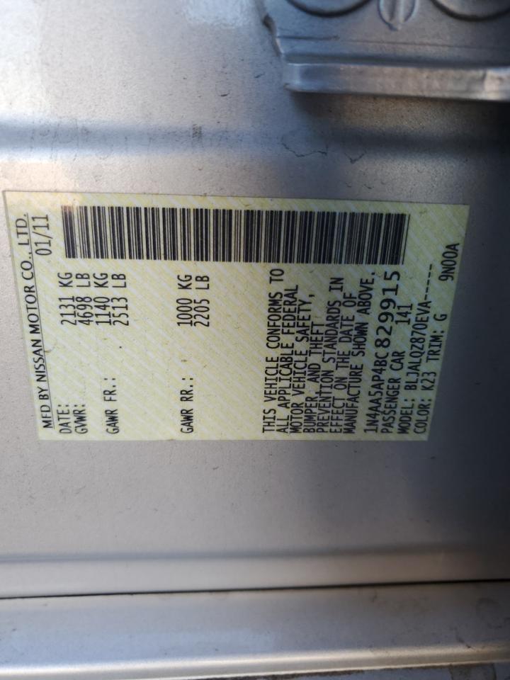 2011 Nissan Maxima S VIN: 1N4AA5AP4BC829915 Lot: 88150565