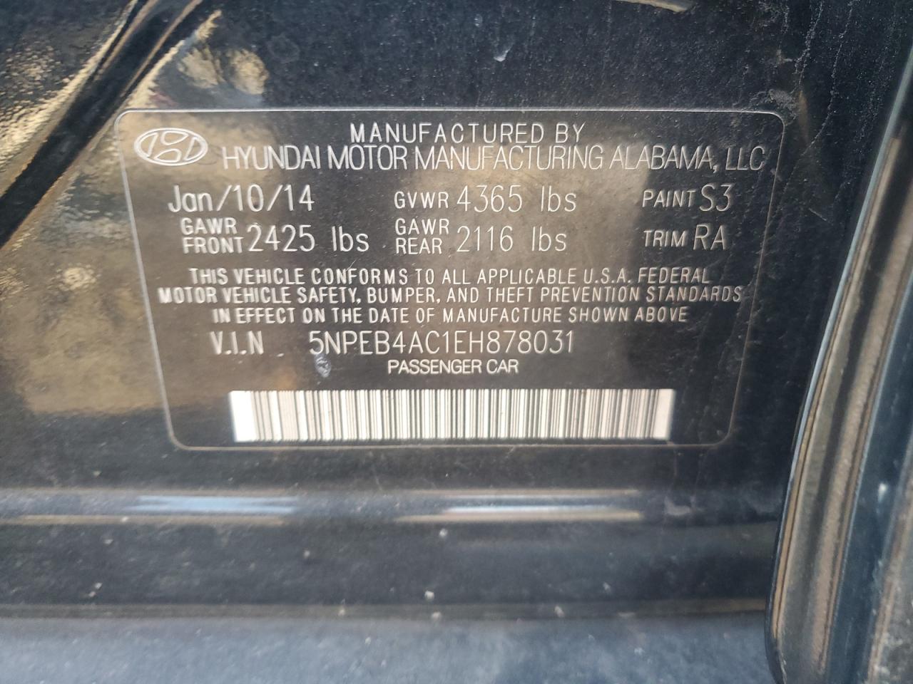 VIN 5NPEB4AC1EH878031 2014 HYUNDAI SONATA no.12