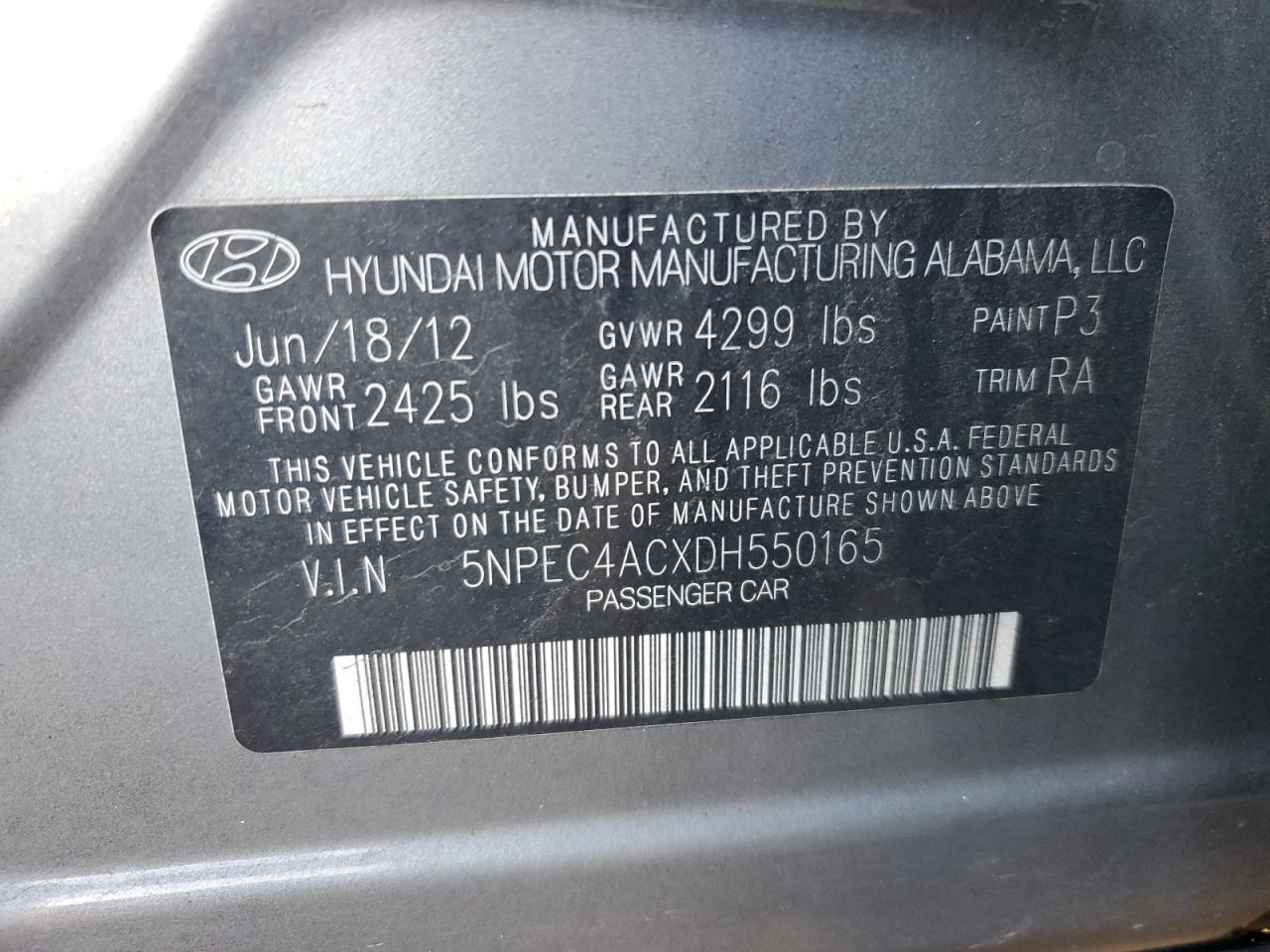 2013 Hyundai Sonata Se VIN: 5NPEC4ACXDH550165 Lot: 42125025