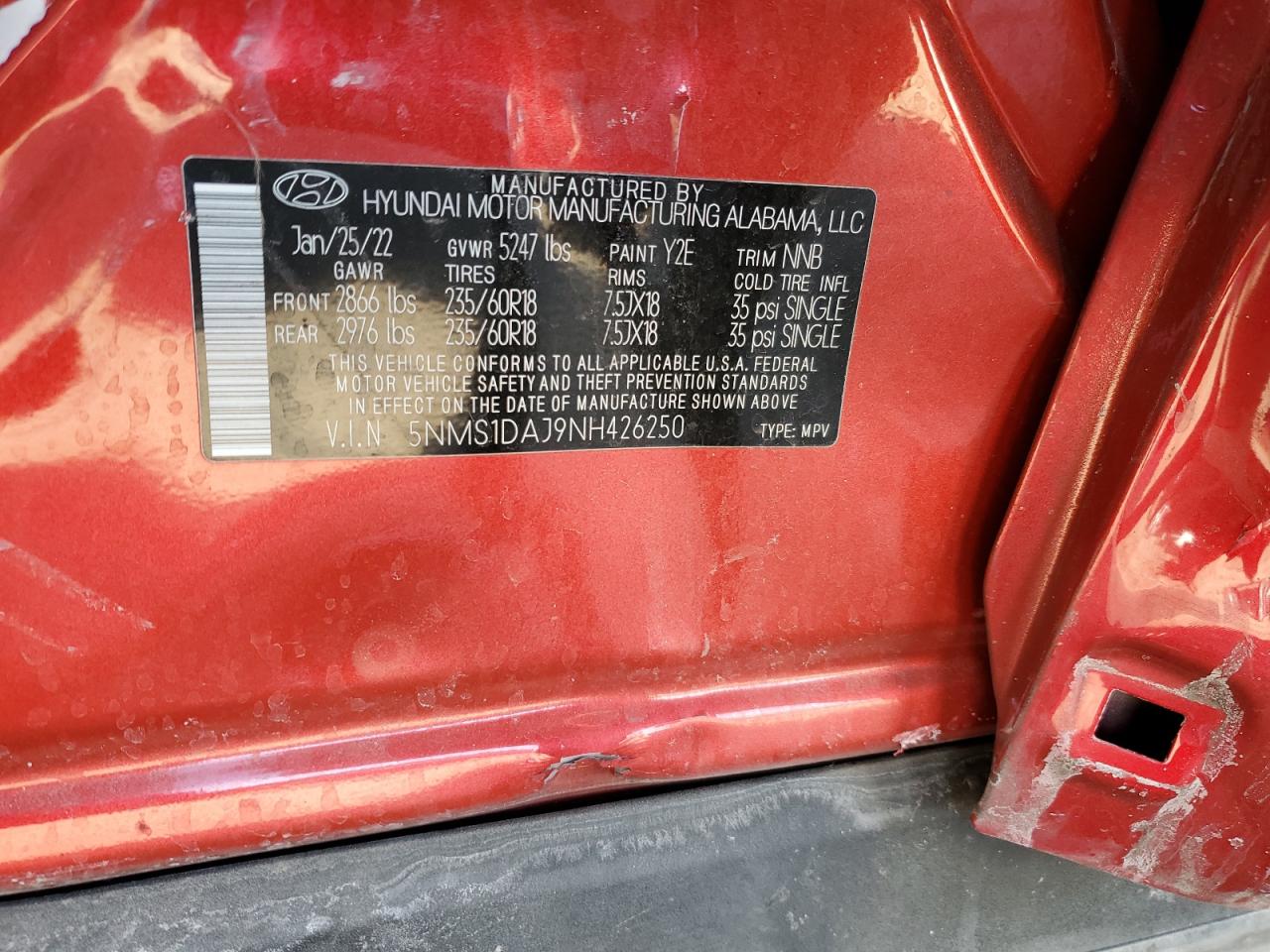2022 Hyundai Santa Fe Se VIN: 5NMS1DAJ9NH426250 Lot: 42836735