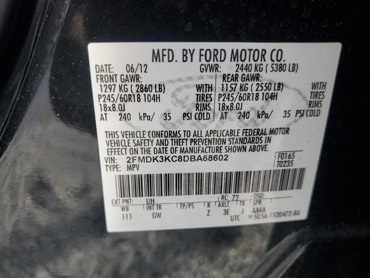 VIN 2FMDK3KC8DBA68602 2013 FORD EDGE no.14