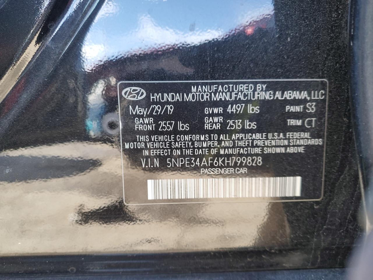 VIN 5NPE34AF6KH799828 2019 HYUNDAI SONATA no.12