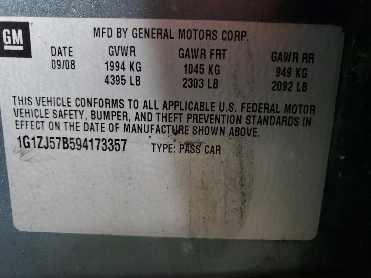 2009 Chevrolet Malibu 2Lt VIN: 1G1ZJ57B594173357 Lot: 88570815