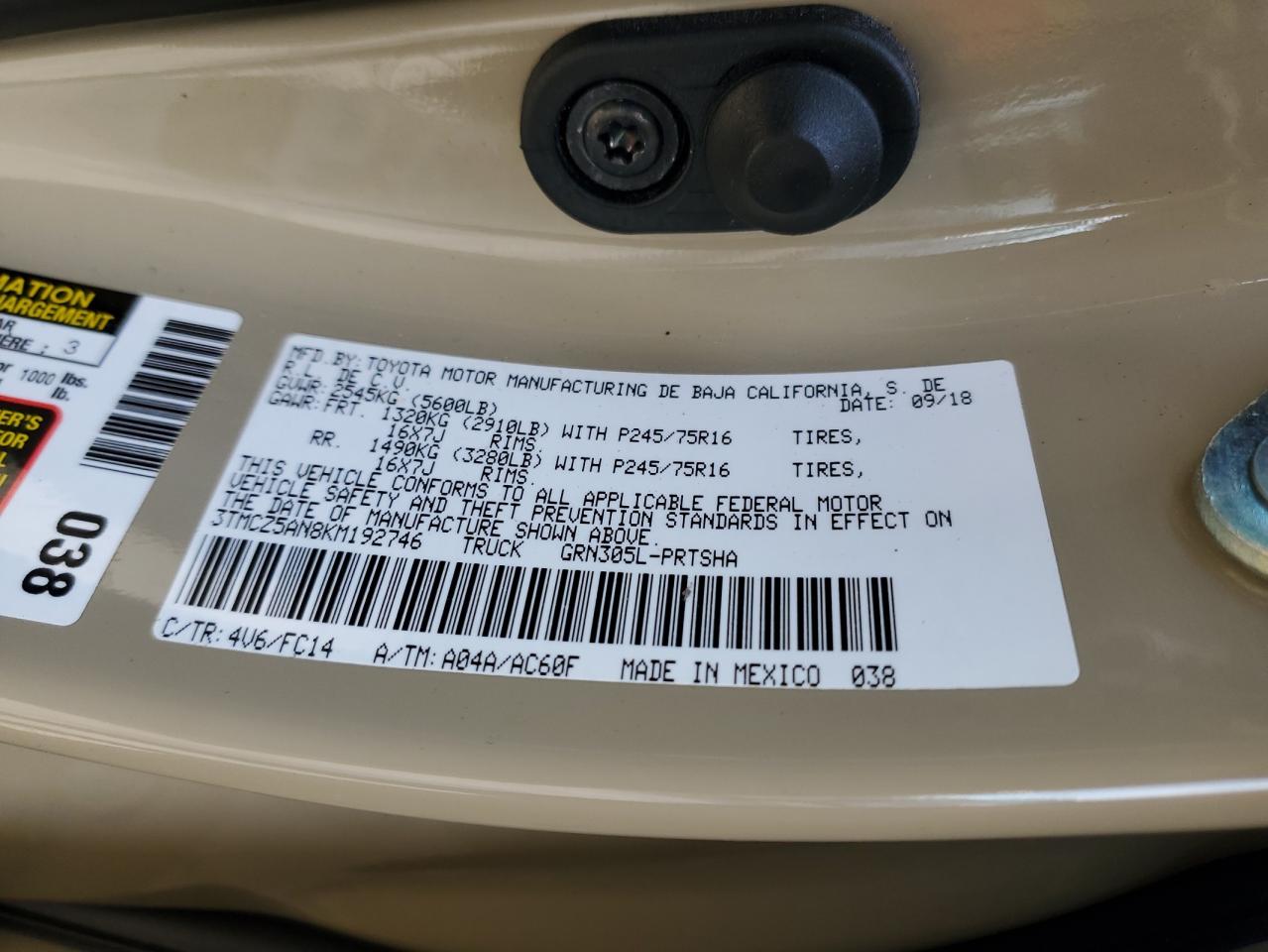 2019 Toyota Tacoma Double Cab VIN: 3TMCZ5AN8KM192746 Lot: 88072135