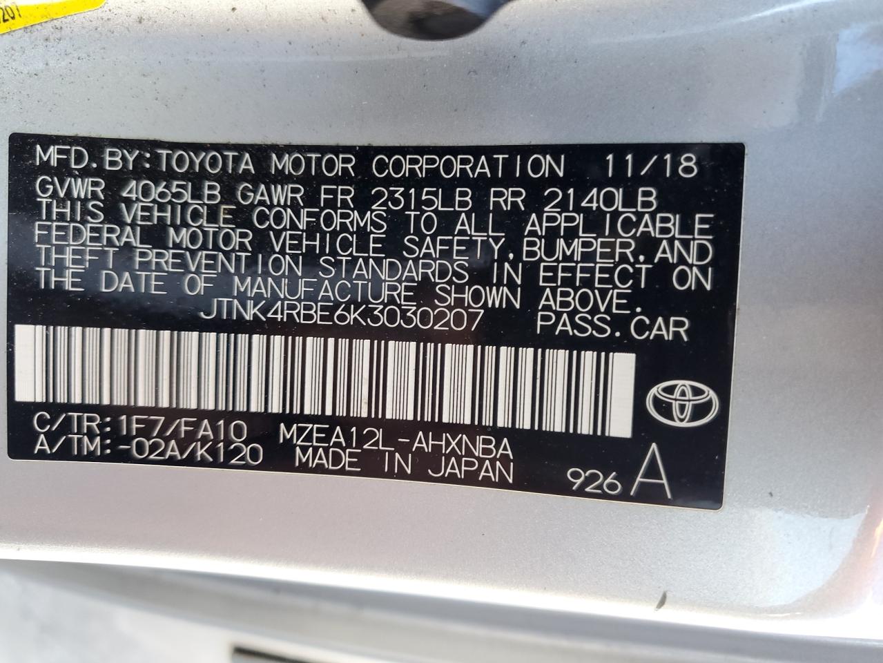 2019 Toyota Corolla Se VIN: JTNK4RBE6K3030207 Lot: 86700844