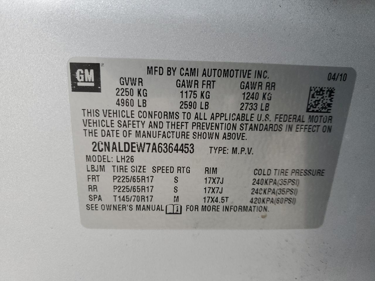 2010 Chevrolet Equinox Lt VIN: 2CNALDEW7A6364453 Lot: 88640025