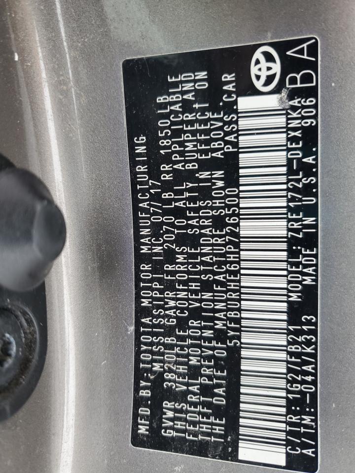 2017 Toyota Corolla L VIN: 5YFBURHE6HP726500 Lot: 41685515