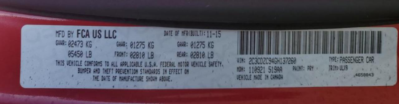 2016 Dodge Challenger Srt Hellcat VIN: 2C3CDZC94GH137260 Lot: 88955415