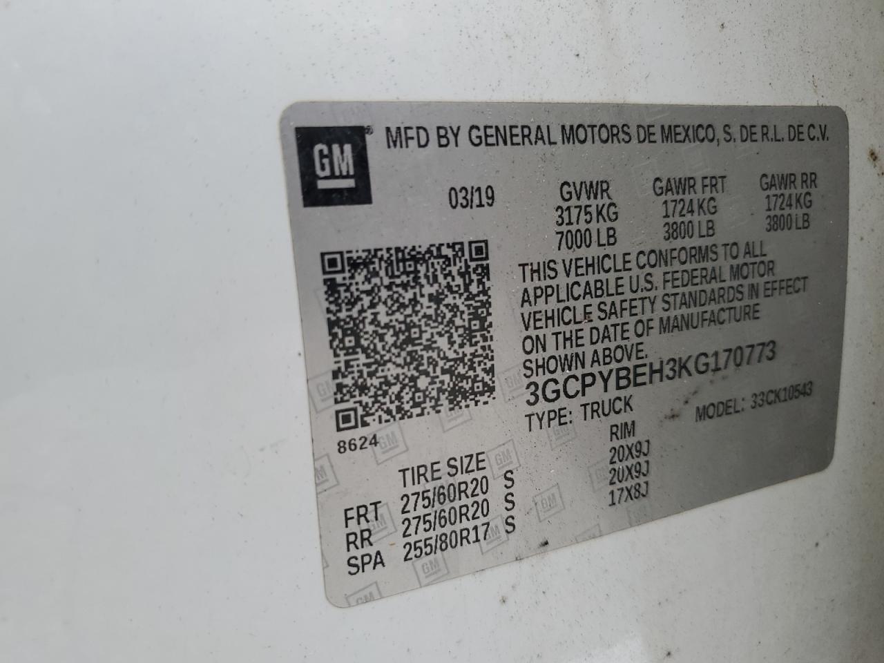 2019 Chevrolet Silverado K1500 Custom VIN: 3GCPYBEH3KG170773 Lot: 89131065