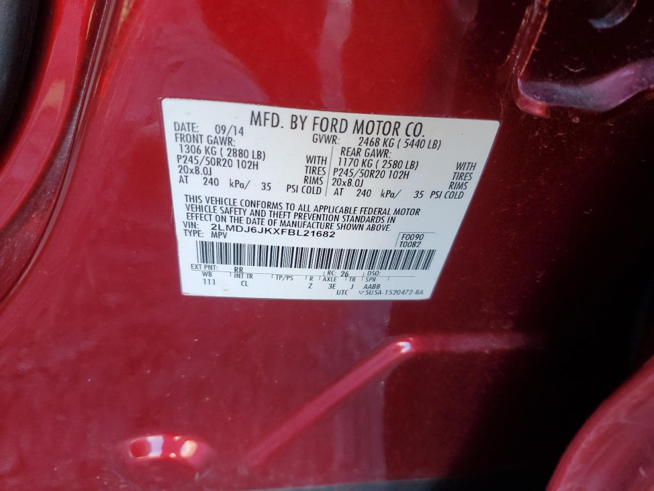 2015 Lincoln Mkx VIN: 2LMDJ6JKXFBL21682 Lot: 42176935