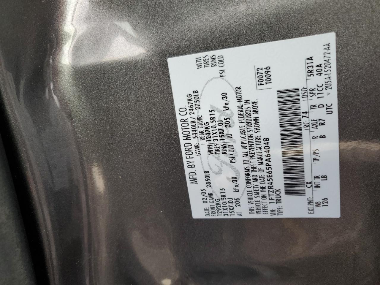 2005 Ford Ranger Super Cab VIN: 1FTZR45E65PA64048 Lot: 42181265