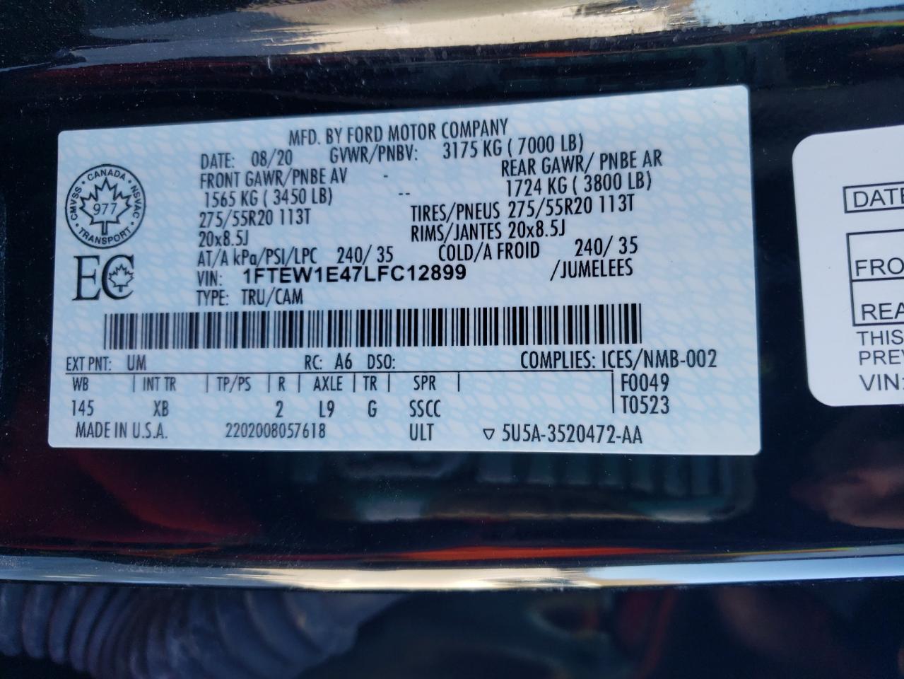 2020 Ford F150 Supercrew VIN: 1FTEW1E47LFC12899 Lot: 84141324
