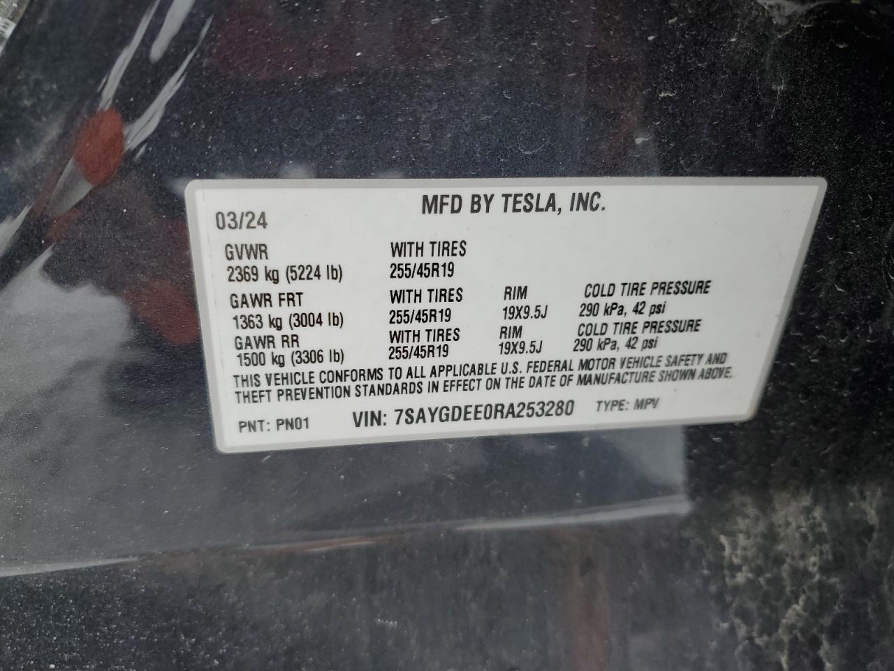 2024 Tesla Model Y VIN: 7SAYGDEE0RA253280 Lot: 88710835