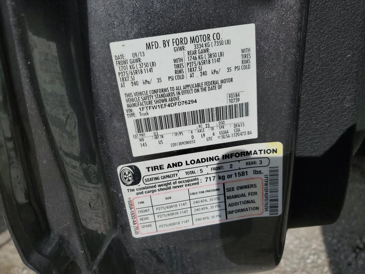 2013 Ford F150 Supercrew VIN: 1FTFW1EF4DFD76294 Lot: 87592175