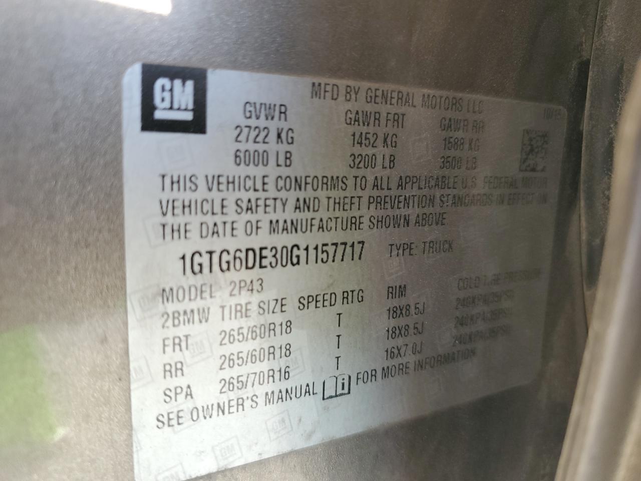 2016 GMC Canyon Slt VIN: 1GTG6DE30G1157717 Lot: 87282254