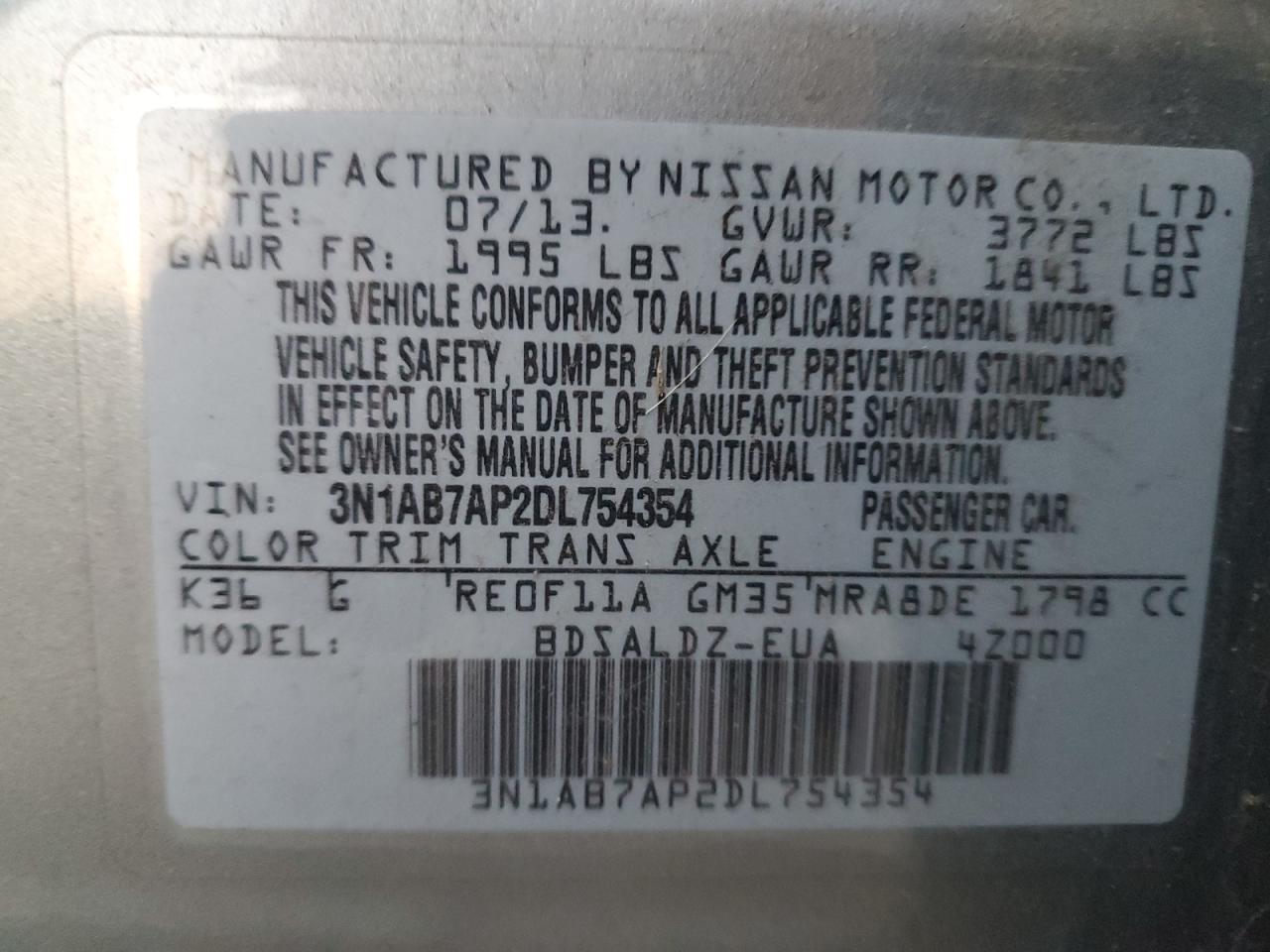 VIN 3N1AB7AP2DL754354 2013 NISSAN SENTRA no.13