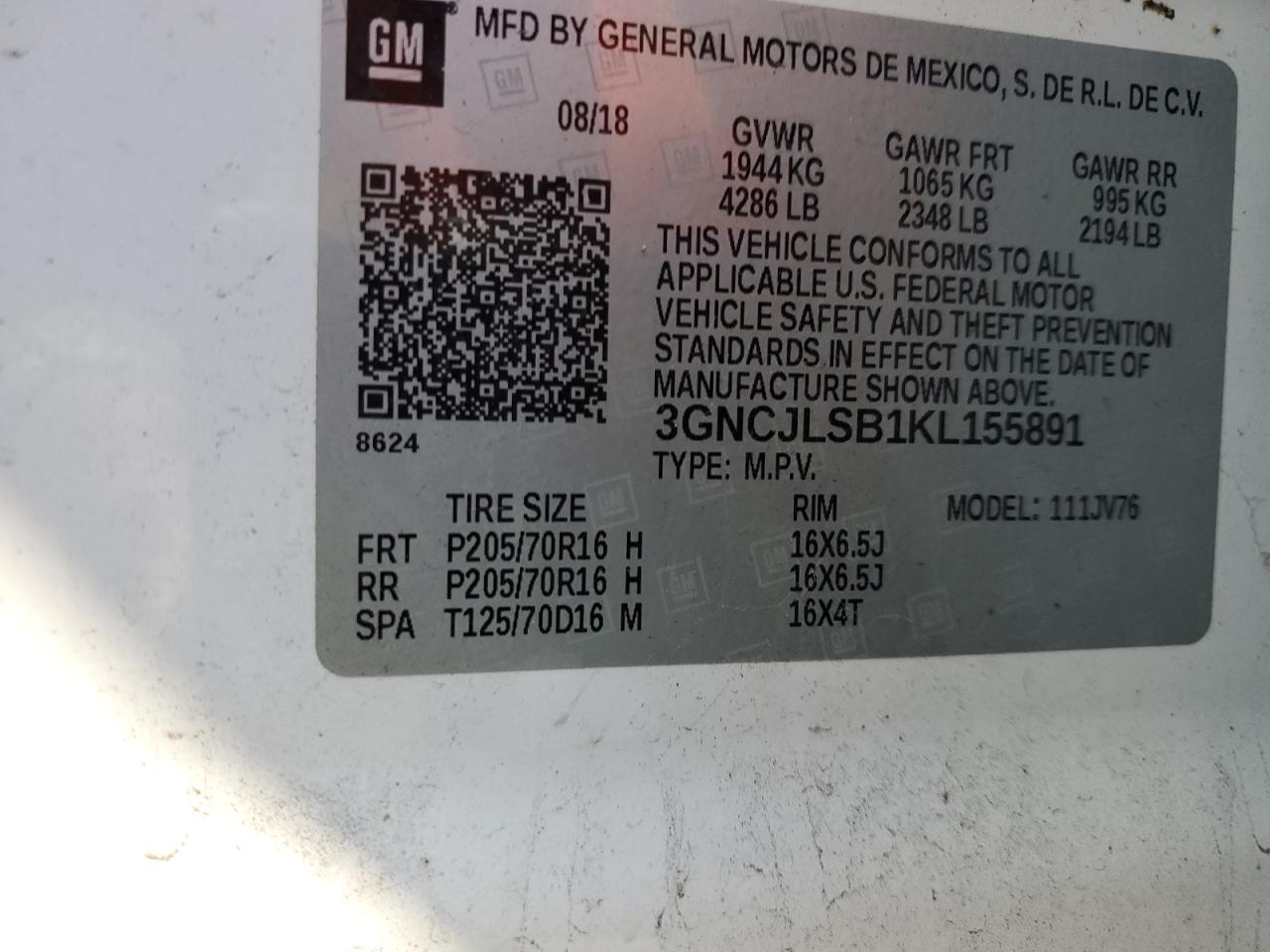 VIN 3GNCJLSB1KL155891 2019 CHEVROLET TRAX no.14