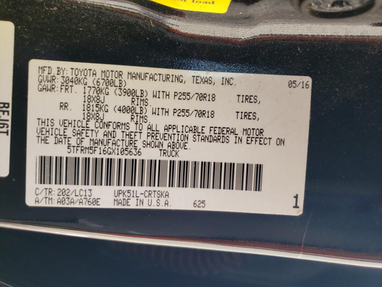 VIN 5TFRM5F16GX105636 2016 TOYOTA TUNDRA no.12