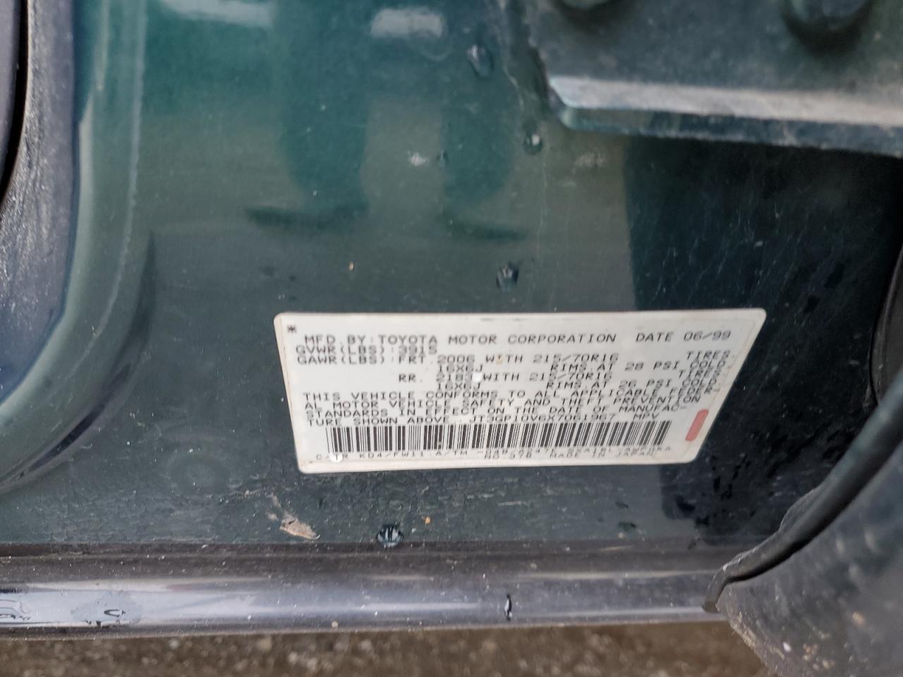 1999 Toyota Rav4 VIN: JT3GP10V6X7061967 Lot: 87458964