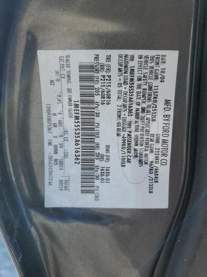 2005 Mercury Sable Ls Premium VIN: 1MEFM55S35A616362 Lot: 88500695