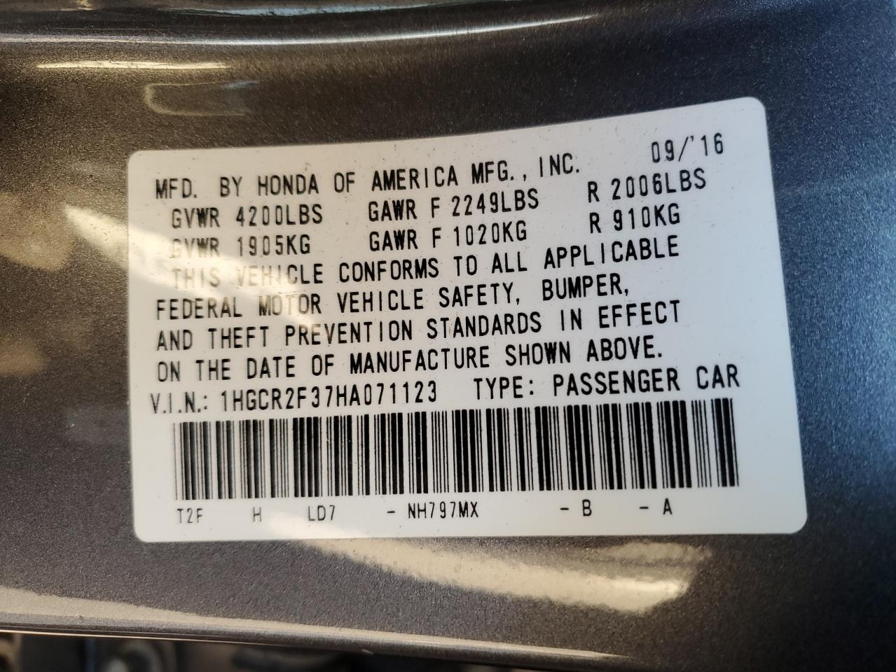 VIN 1HGCR2F37HA071123 2017 HONDA ACCORD no.13