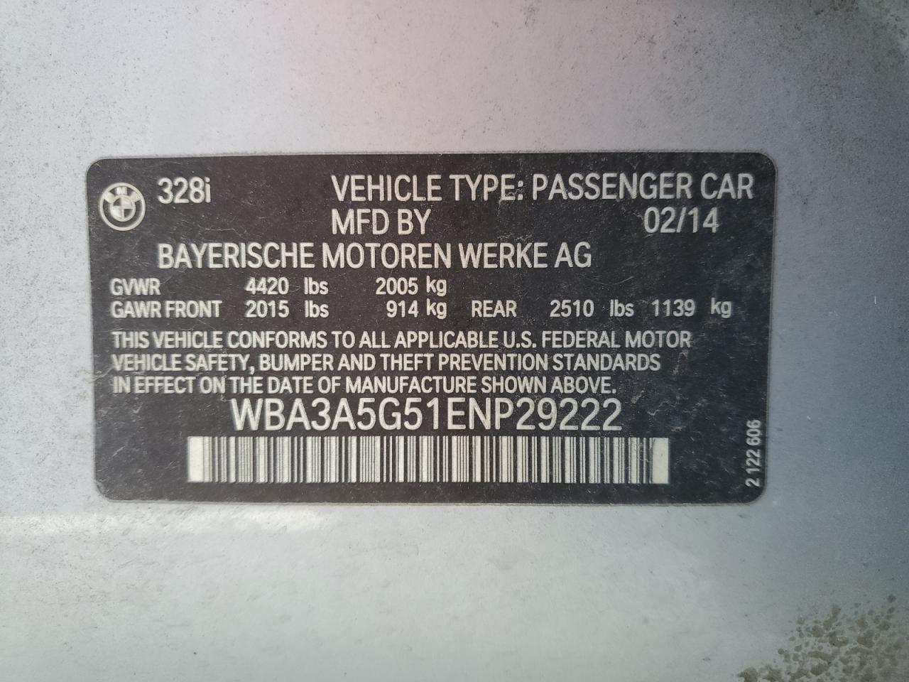 VIN WBA3A5G51ENP29222 2014 BMW 3 SERIES no.12