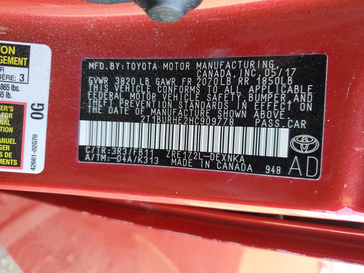 2017 Toyota Corolla L VIN: 2T1BURHE2HC909778 Lot: 41423295