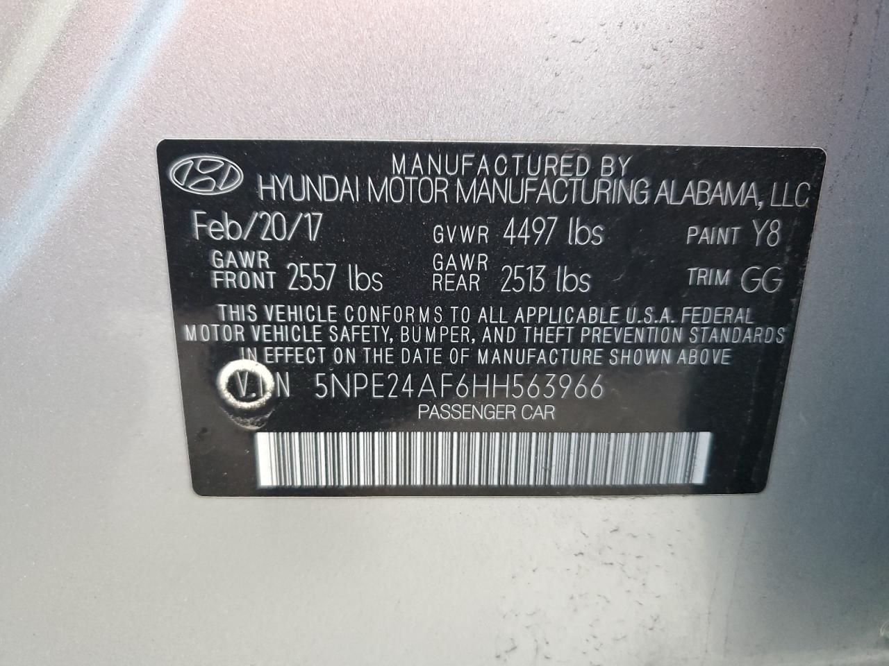 VIN 5NPE24AF6HH563966 2017 HYUNDAI SONATA no.12