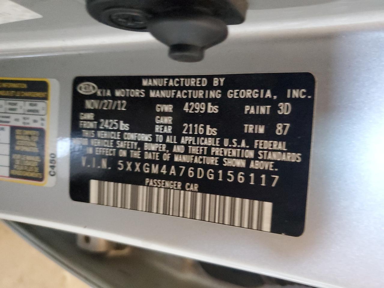 2013 Kia Optima Lx VIN: 5XXGM4A76DG156117 Lot: 47486865