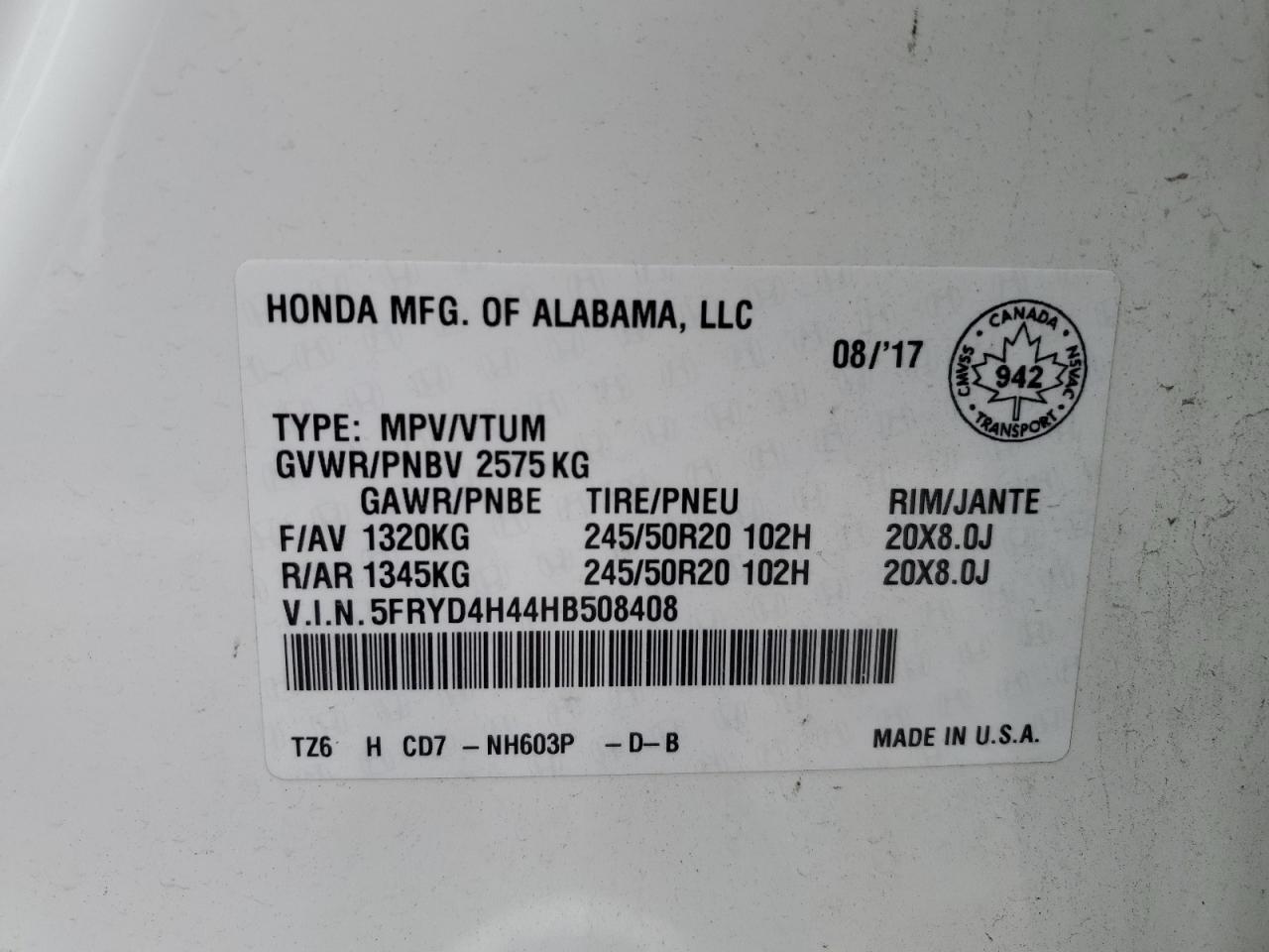 2017 Acura Mdx Navi VIN: 5FRYD4H44HB508408 Lot: 88424665